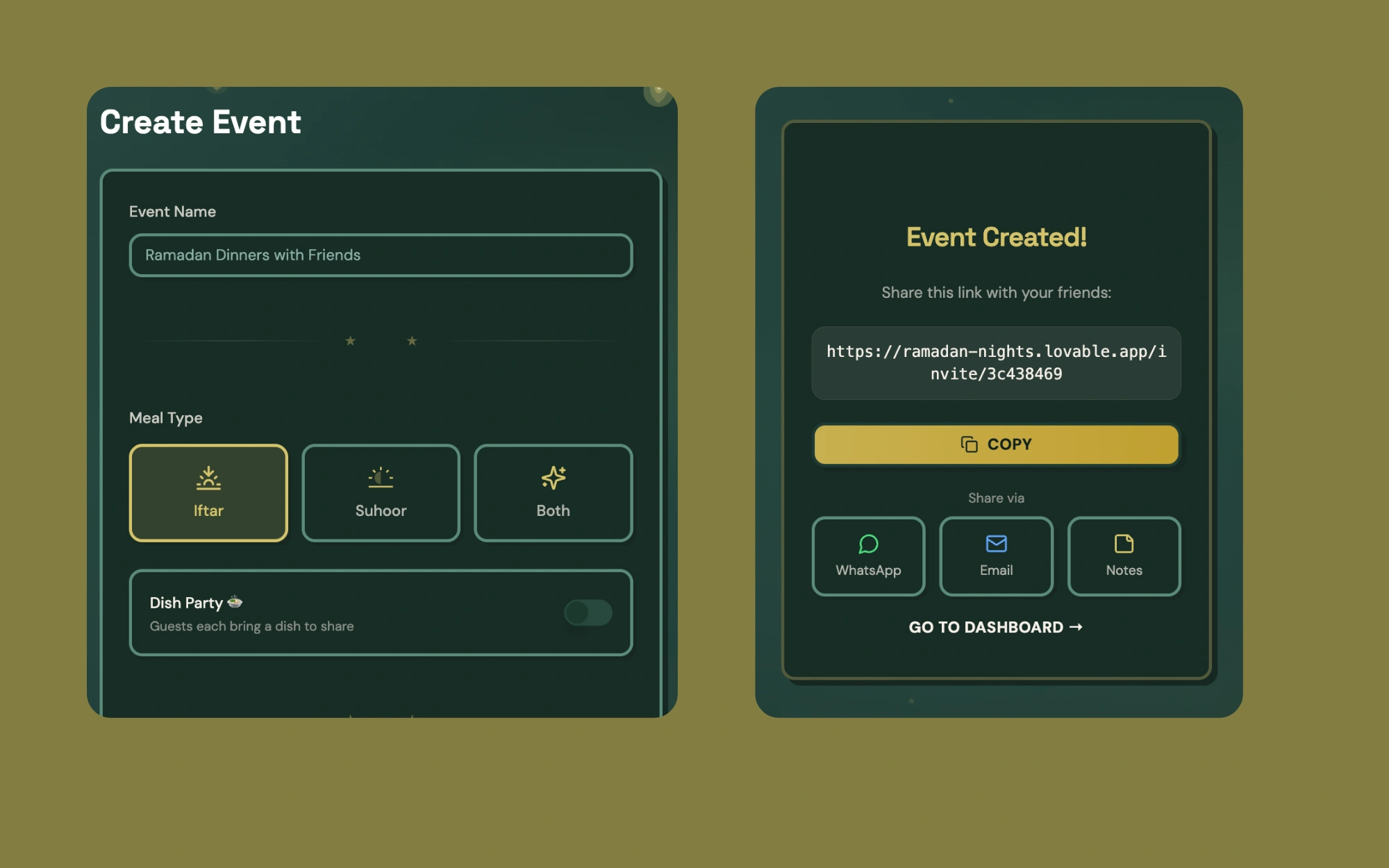 Create event flow with shareable invite link