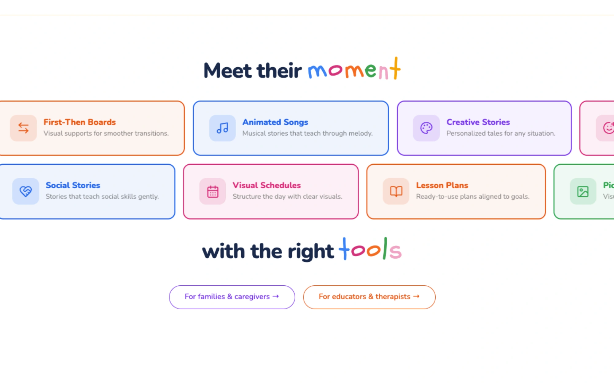 Tools grid with First-Then Boards, Animated Songs, Creative Stories, Social Stories, Visual Schedules, and Lesson Plans