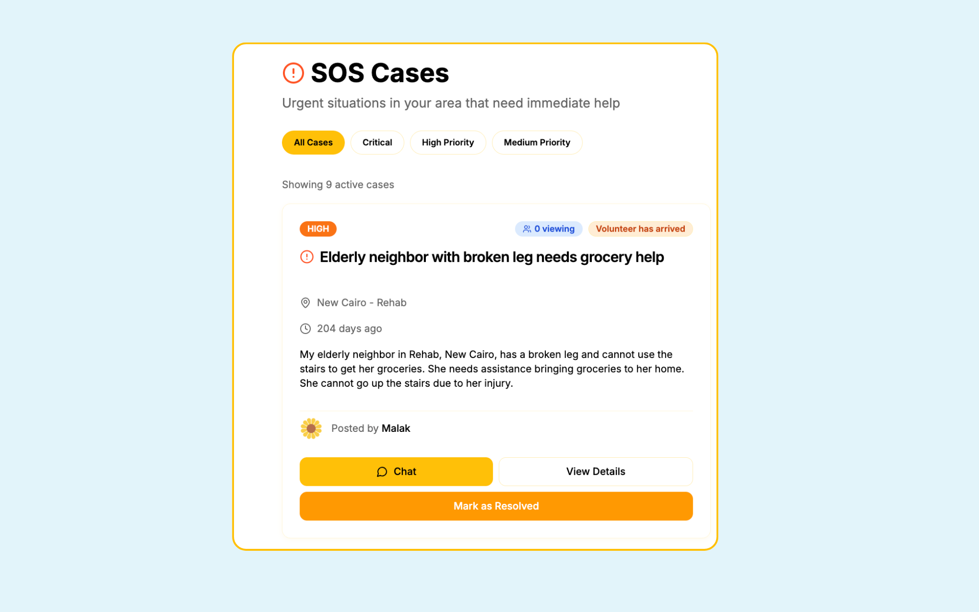 SOS cases list with priority filters