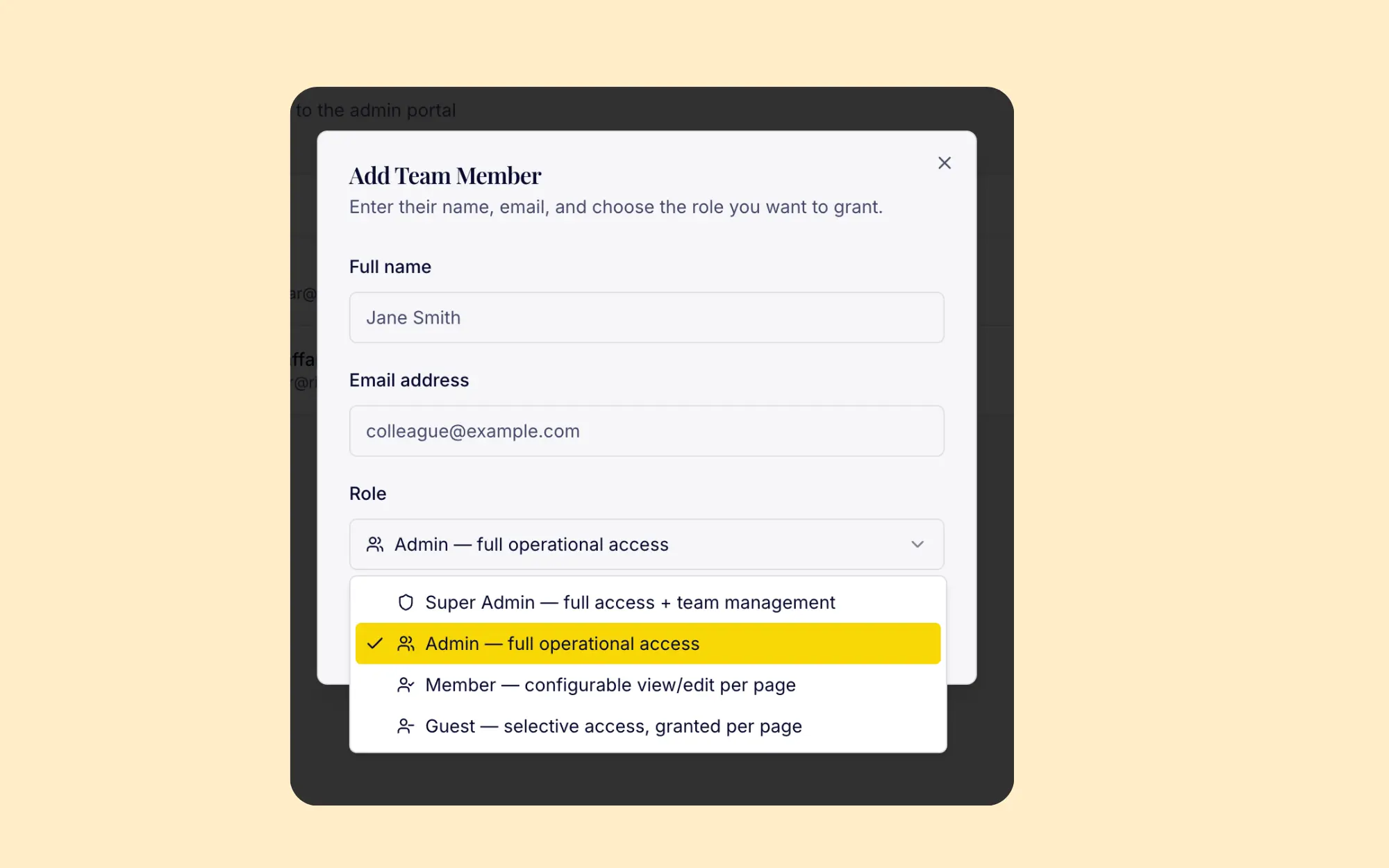 Add team member modal with role selection