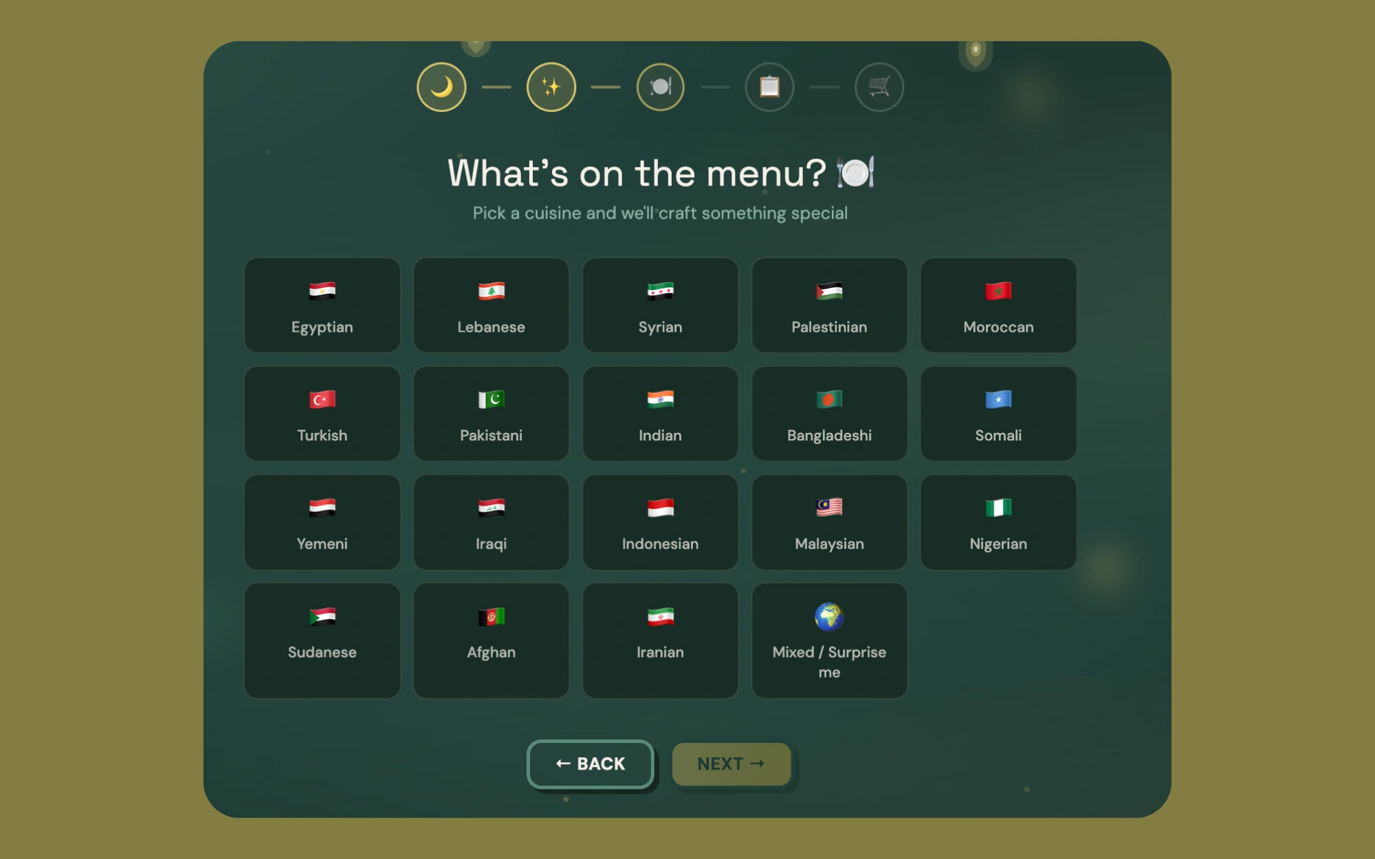 Cuisine picker with 19 options including a Surprise me option