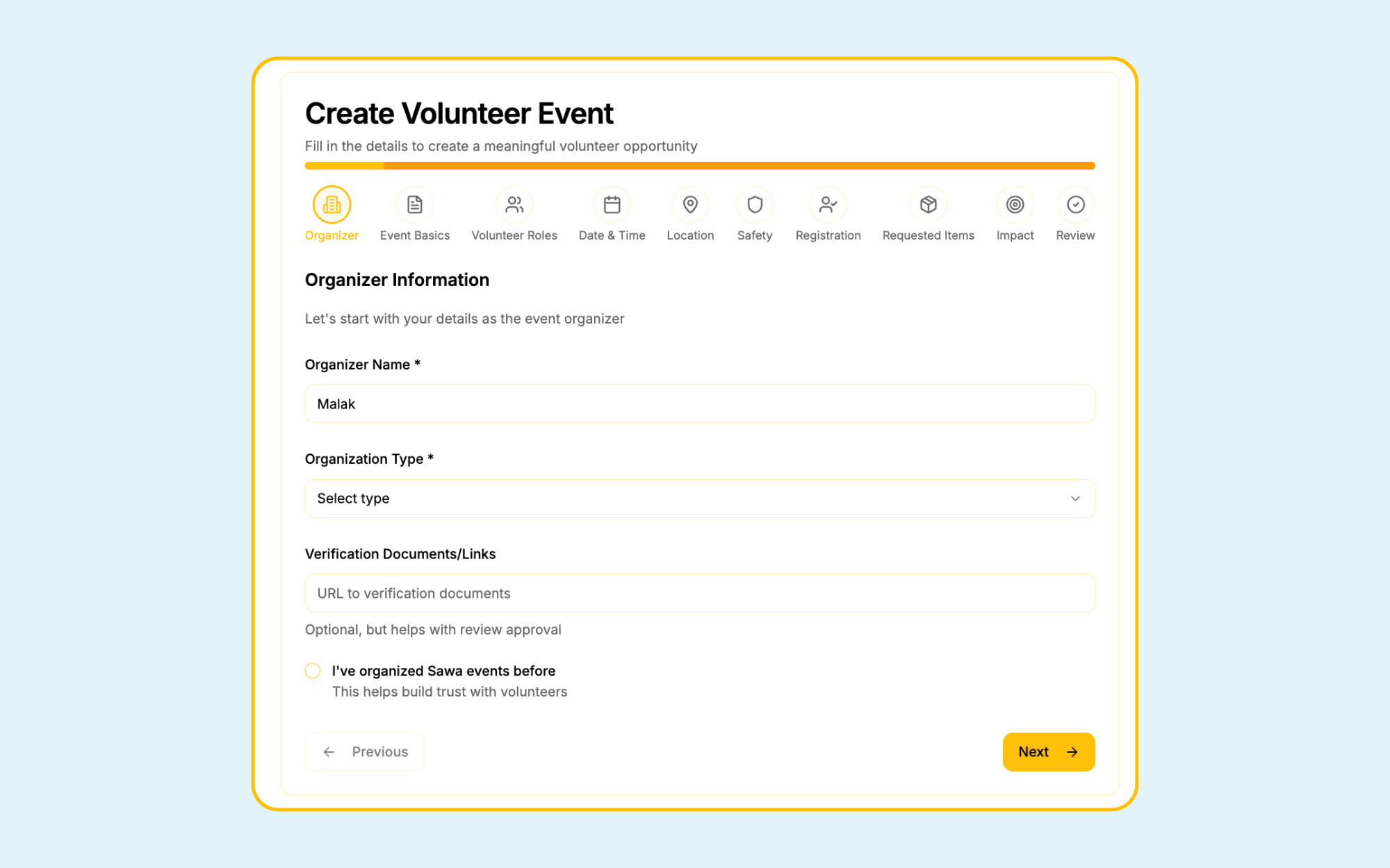 Multi-step create volunteer event flow