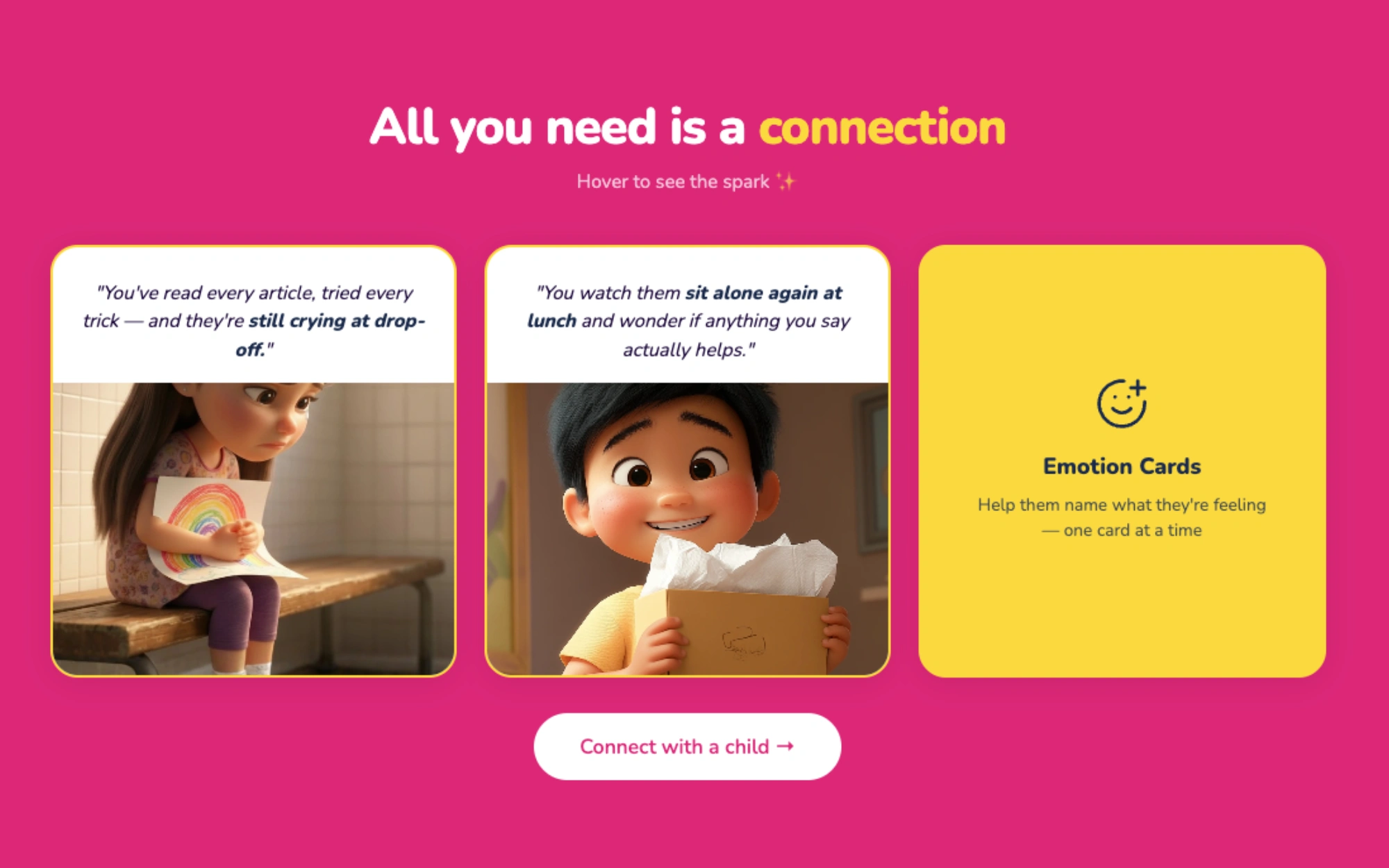 Connection cards with real caregiver quotes and an Emotion Cards module