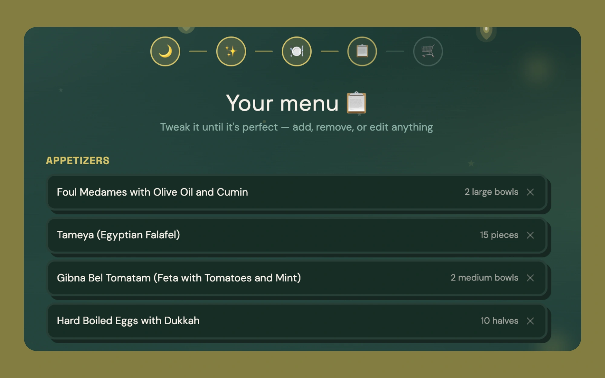 AI-generated menu with appetizers and portion sizes