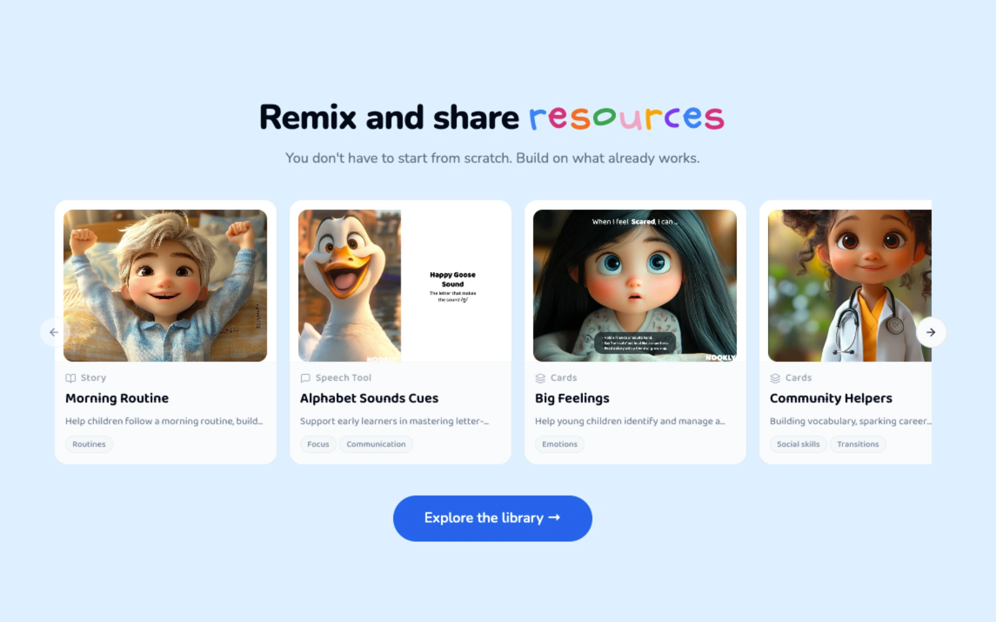 Remix and share resources carousel with Morning Routine, Alphabet Sounds, Big Feelings, and Community Helpers