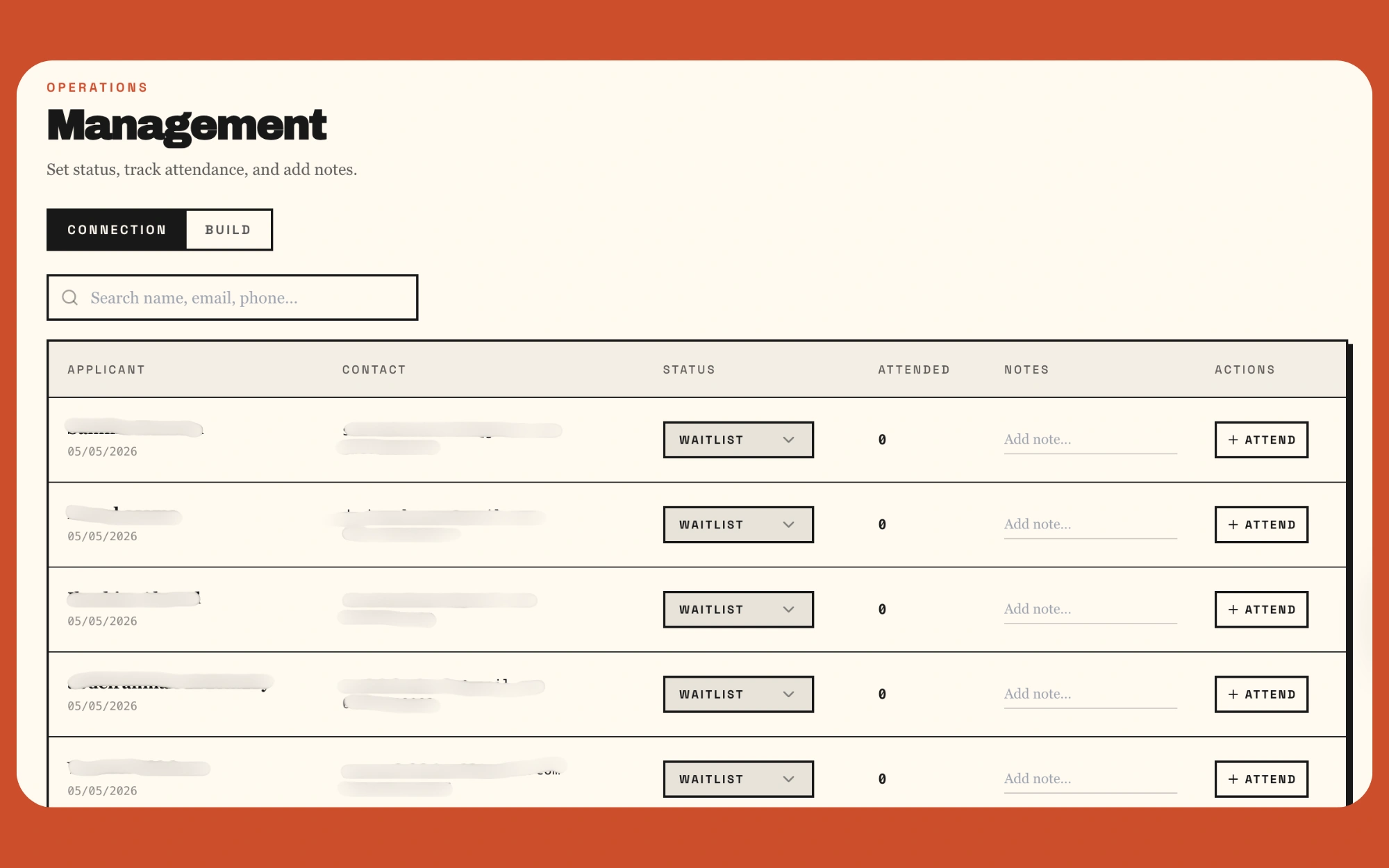 Management table with applicant status, attendance and notes