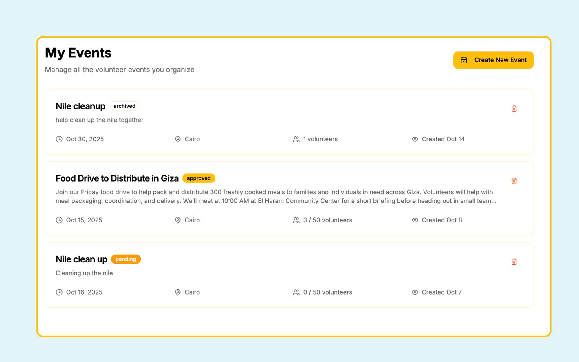 My events organizer dashboard