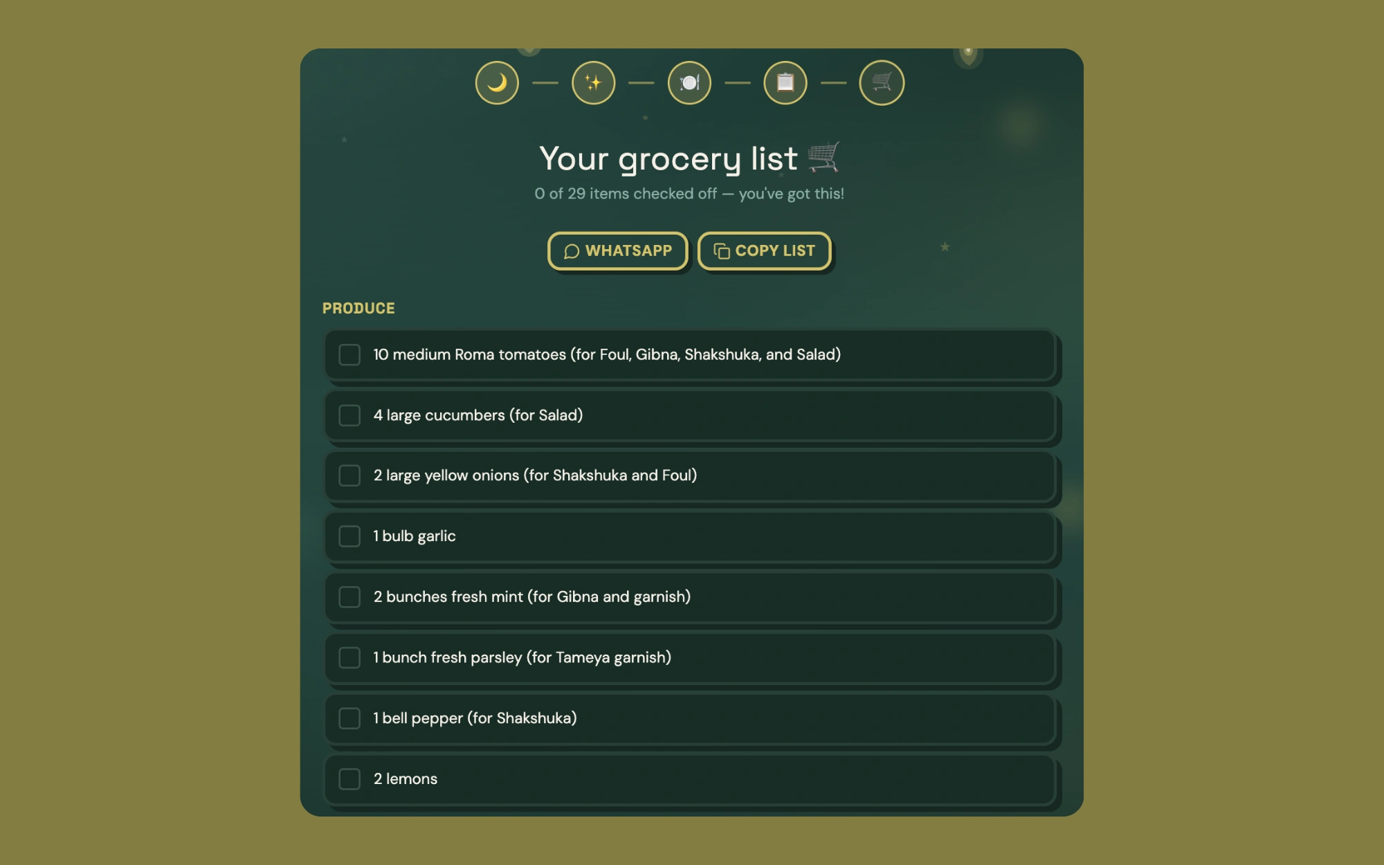 Auto-generated grocery list grouped by category