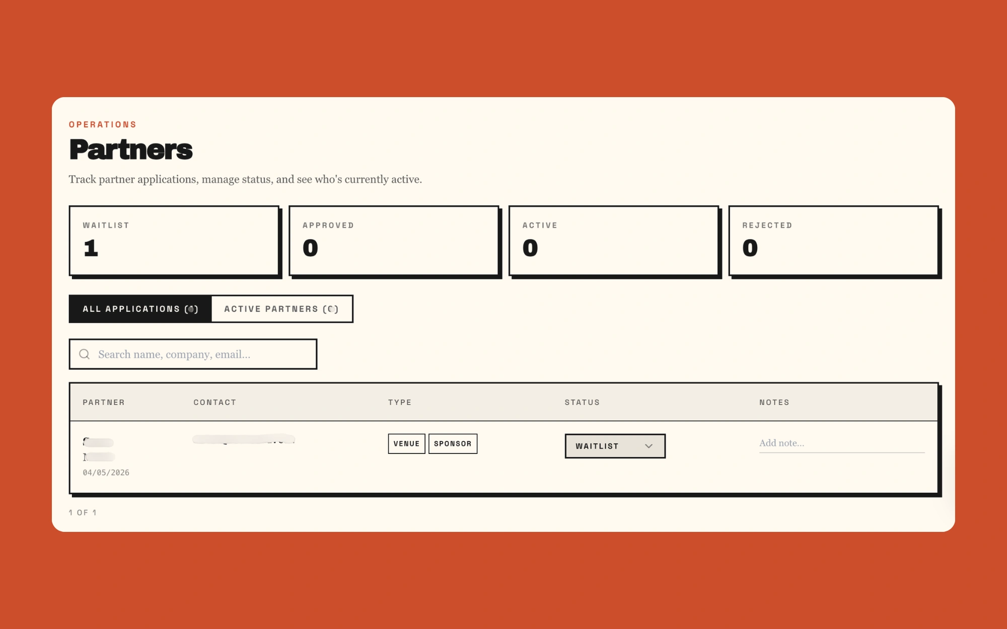Partners management view with waitlist and approval flow