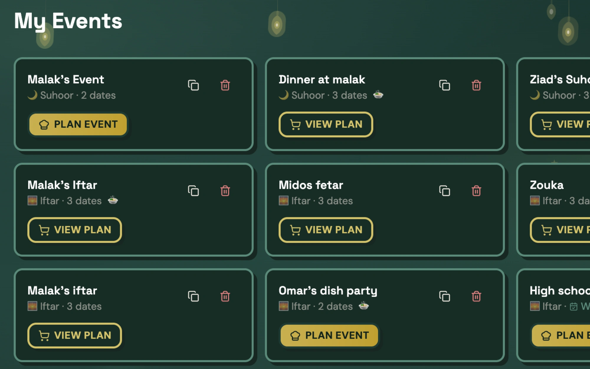 My Events dashboard with multiple gatherings