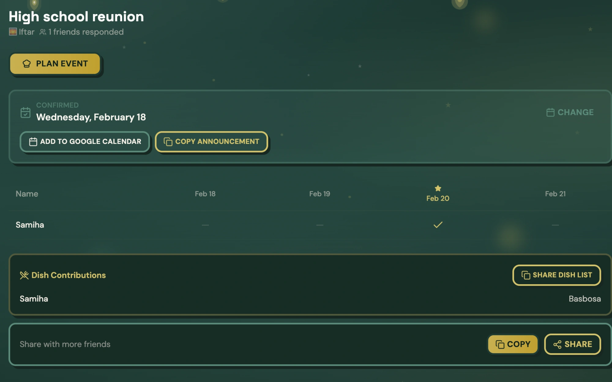 Event detail with confirmed date, RSVPs, and dish contributions